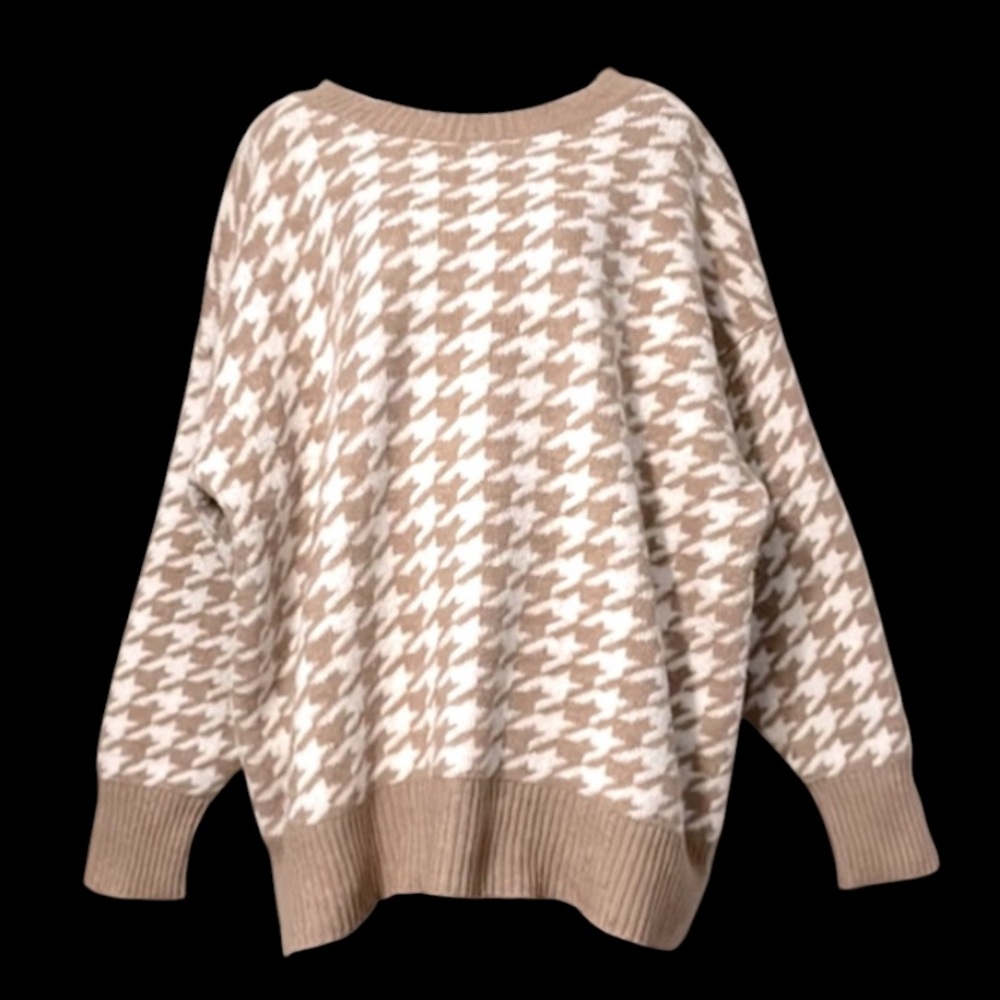 AVA & VIV Womans Tan & White Houndstooth Long Sleeve Crewneck Tunic Sweater 3X